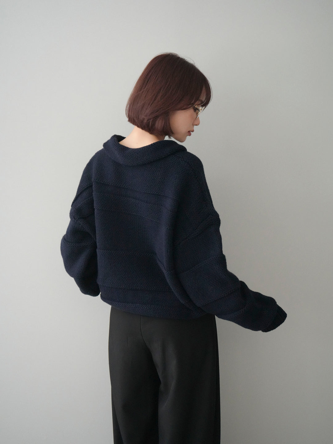 [予約]襟付きボーダー編みニットプルオーバー/navy