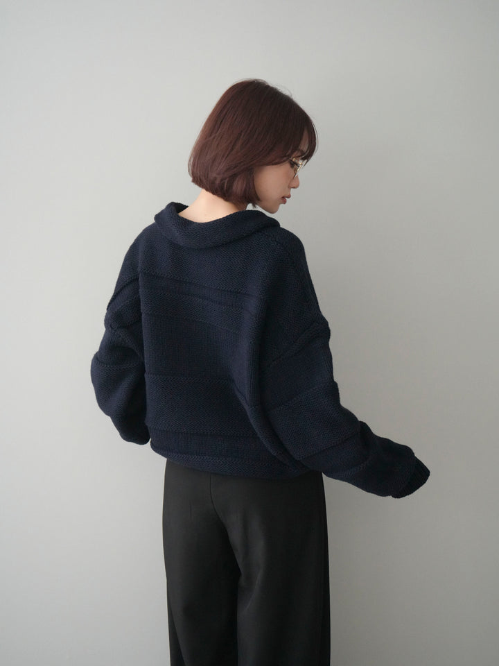 [予約]襟付きボーダー編みニットプルオーバー/navy