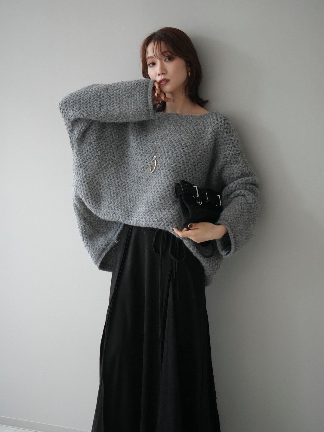 [予約]ワッフル編みオーバーニットプルオーバー/gray