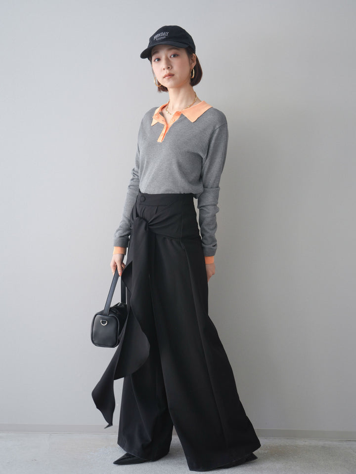 [SET]配色デザインシアーポロニット+ラッフルベルトワイドパンツ(2set)