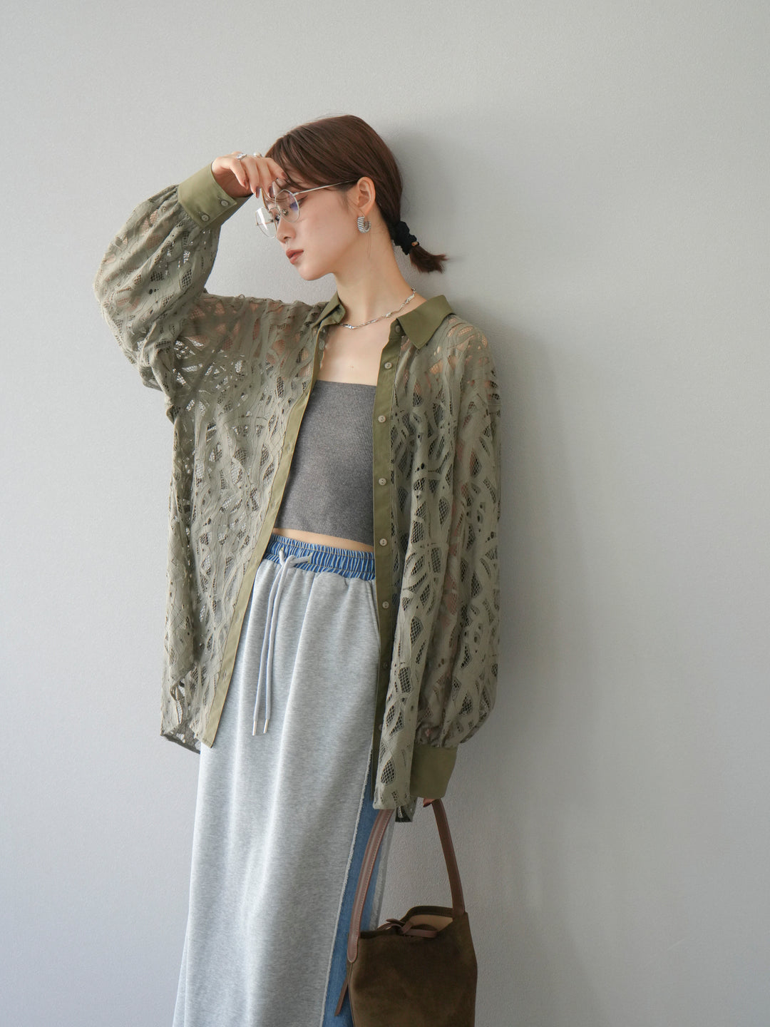 [SET]コードレースオーバーシャツ+デニムドッキングスウェットスカート(2set)