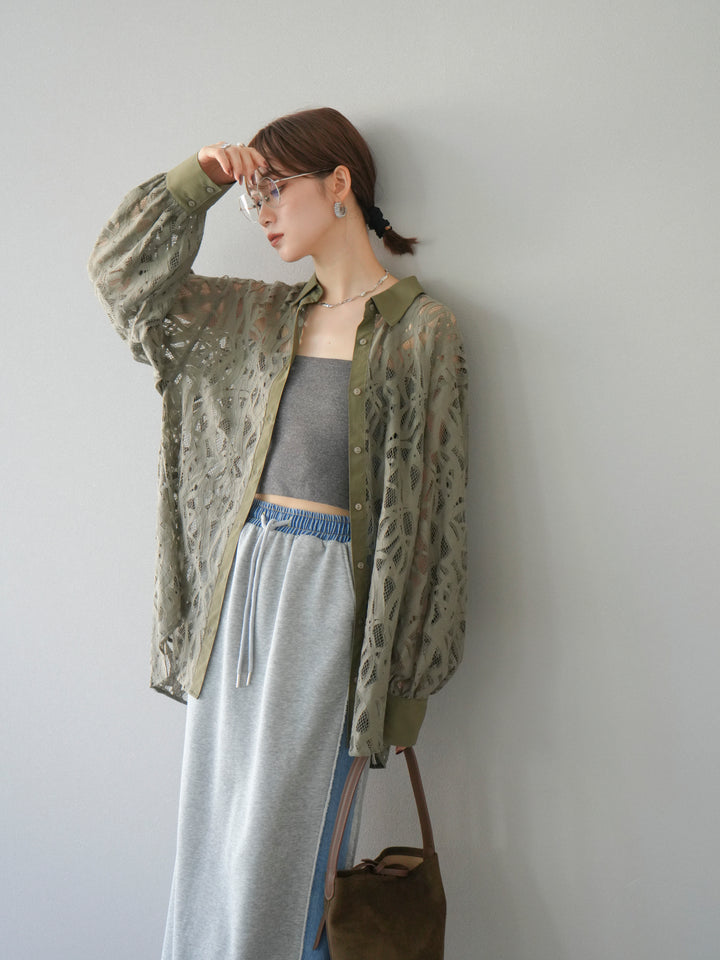 [SET]コードレースオーバーシャツ+デニムドッキングスウェットスカート(2set)