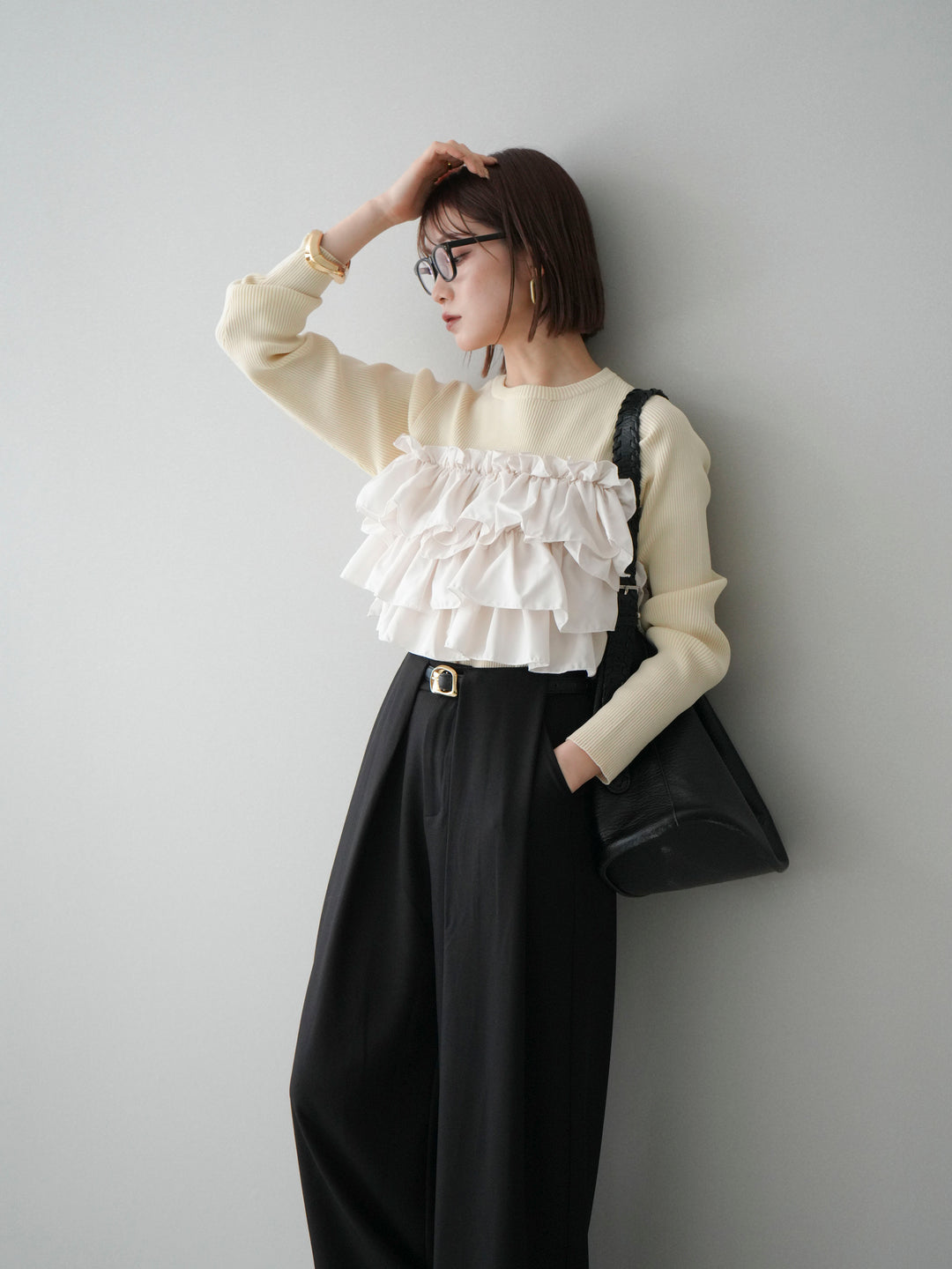 [SET]フリルビスチェドッキングスポンジニットプルオーバー+ベルトループデザインワイドパンツ(2set)