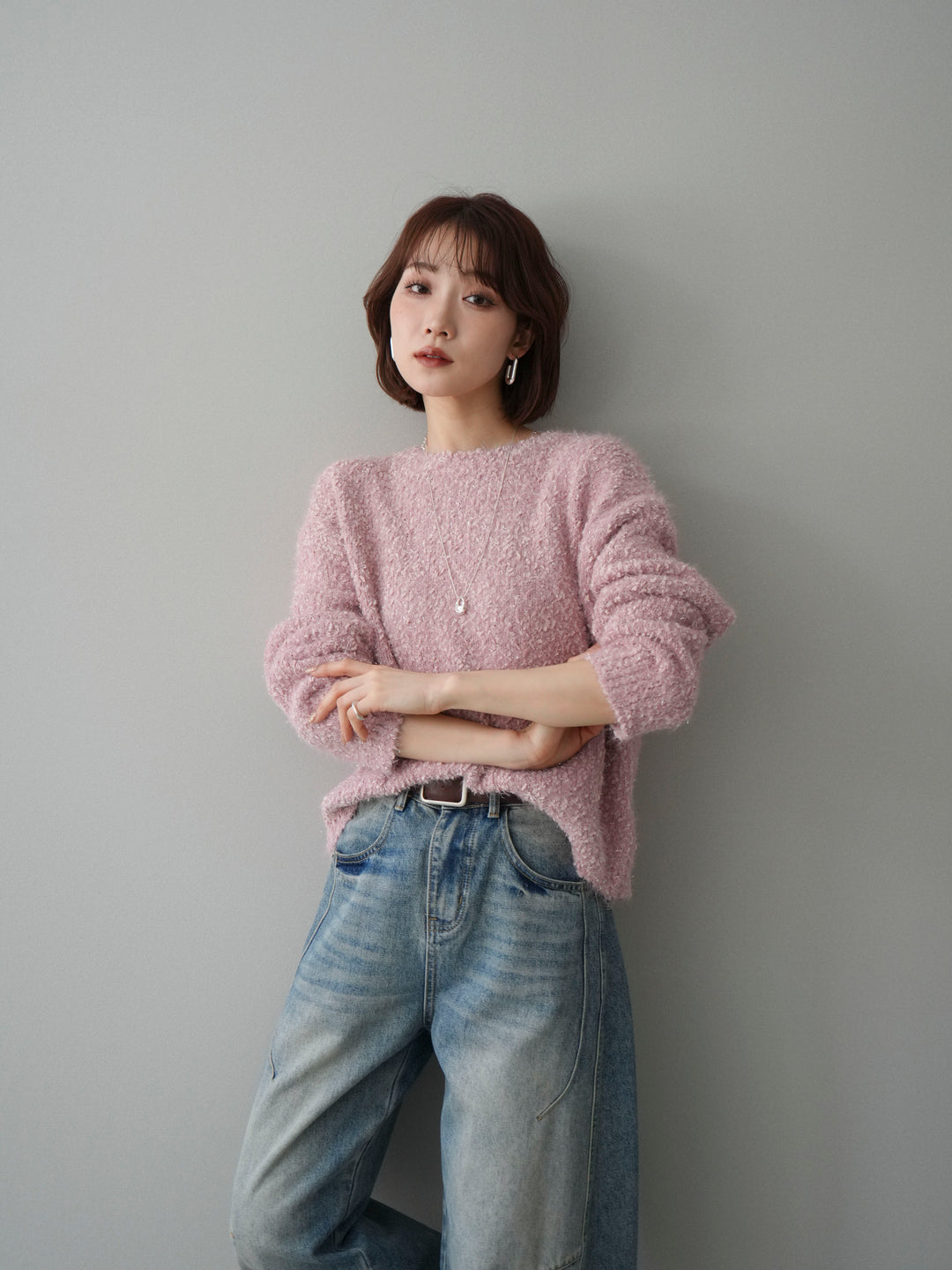 [SET]モールラメミックスヤーンニットプルオーバー+ベルト付カーブデニムパンツ(2set)