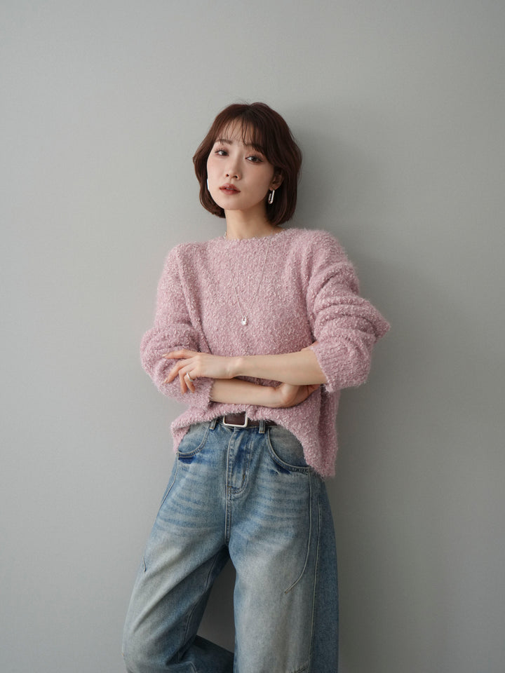 [SET]モールラメミックスヤーンニットプルオーバー+ベルト付カーブデニムパンツ(2set)