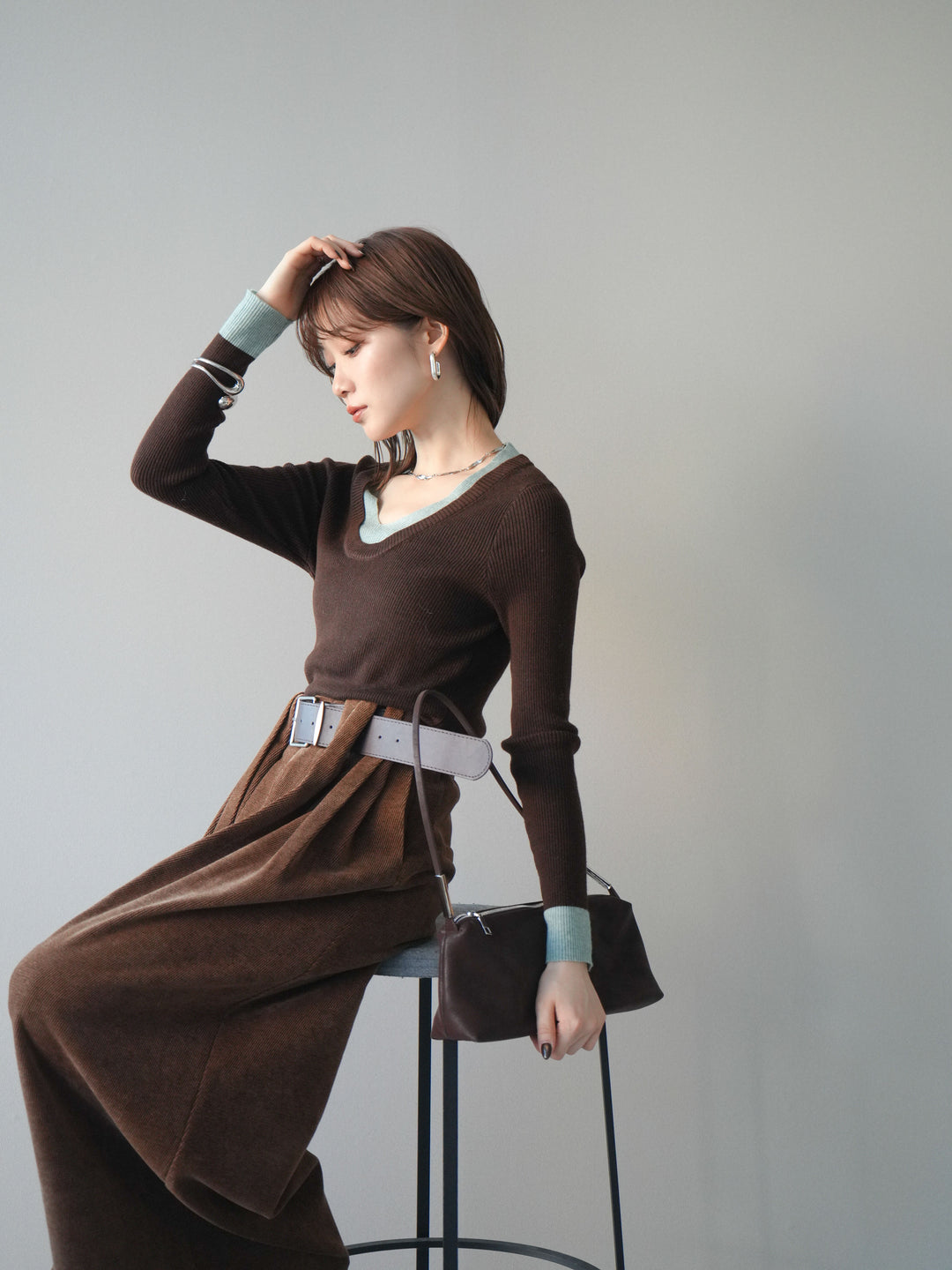 [SET]Uネック配色レイヤードリブニットトップス+Uネック配色レイヤードリブニットトップス(2set)