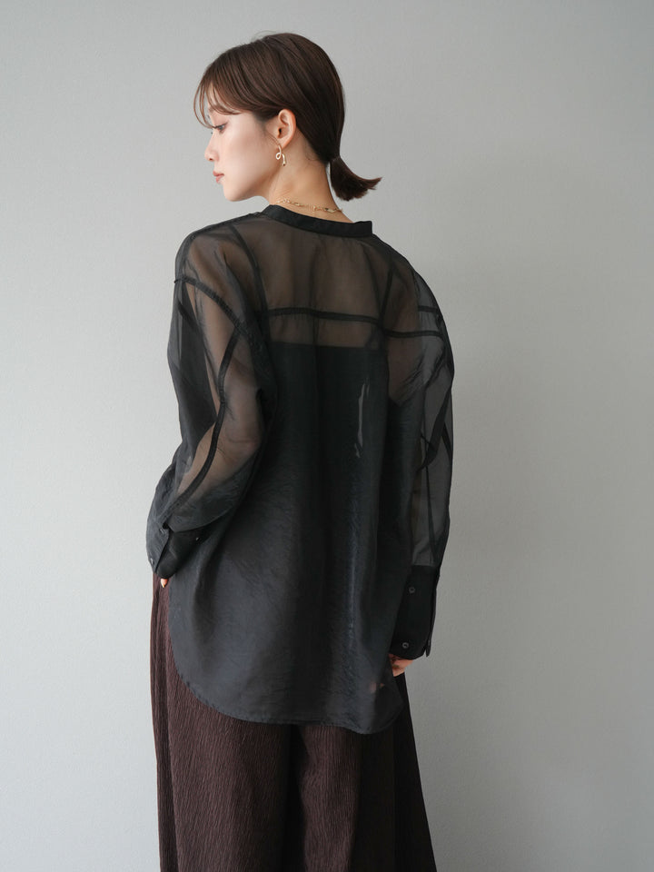 [SET] 亮面透視立領襯衫 + 柳葉寬褲 (2set)