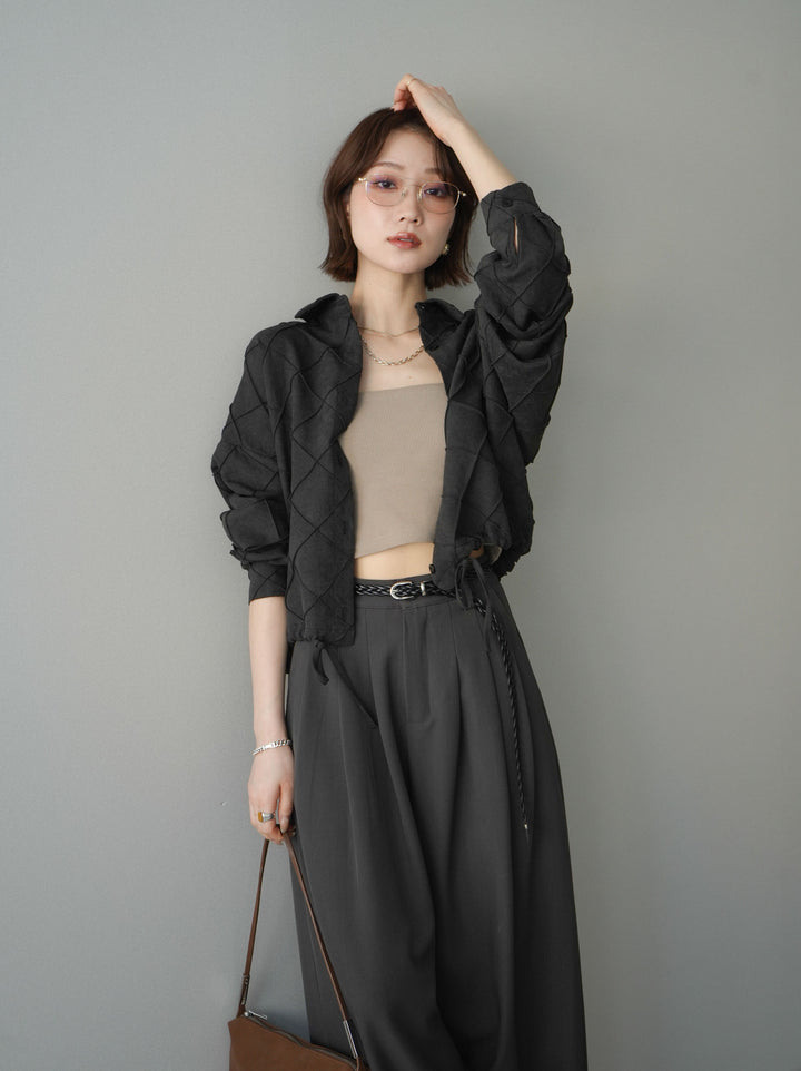 [SET]パイピングクロスデザインブラウス+編み込みベルト付タックワイドパンツ(2set)