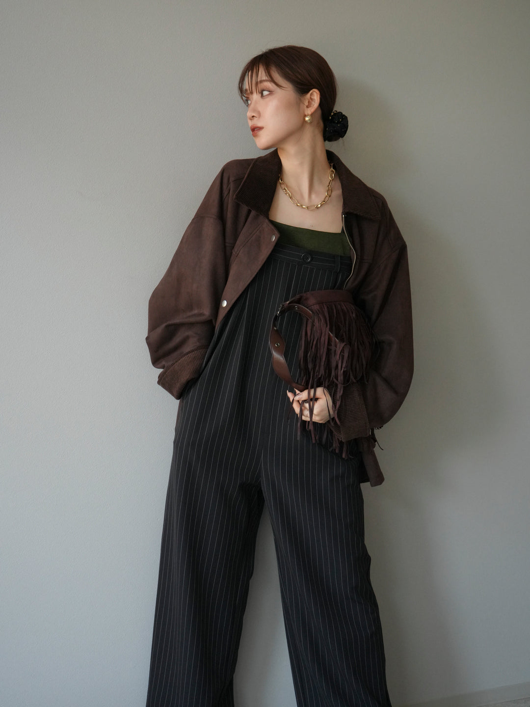 [予約]サテン切替ピンストライプサロペット/ブラック