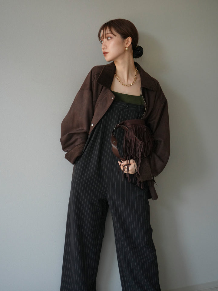 [予約]サテン切替ピンストライプサロペット/ブラック