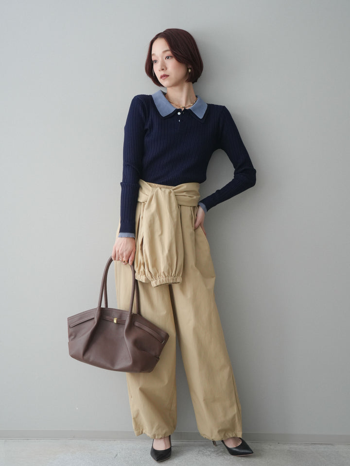 [SET]ダブル襟ポロリブニットトップス+ウエスト巻きデザインドロストコットンナイロンパンツ(2set)