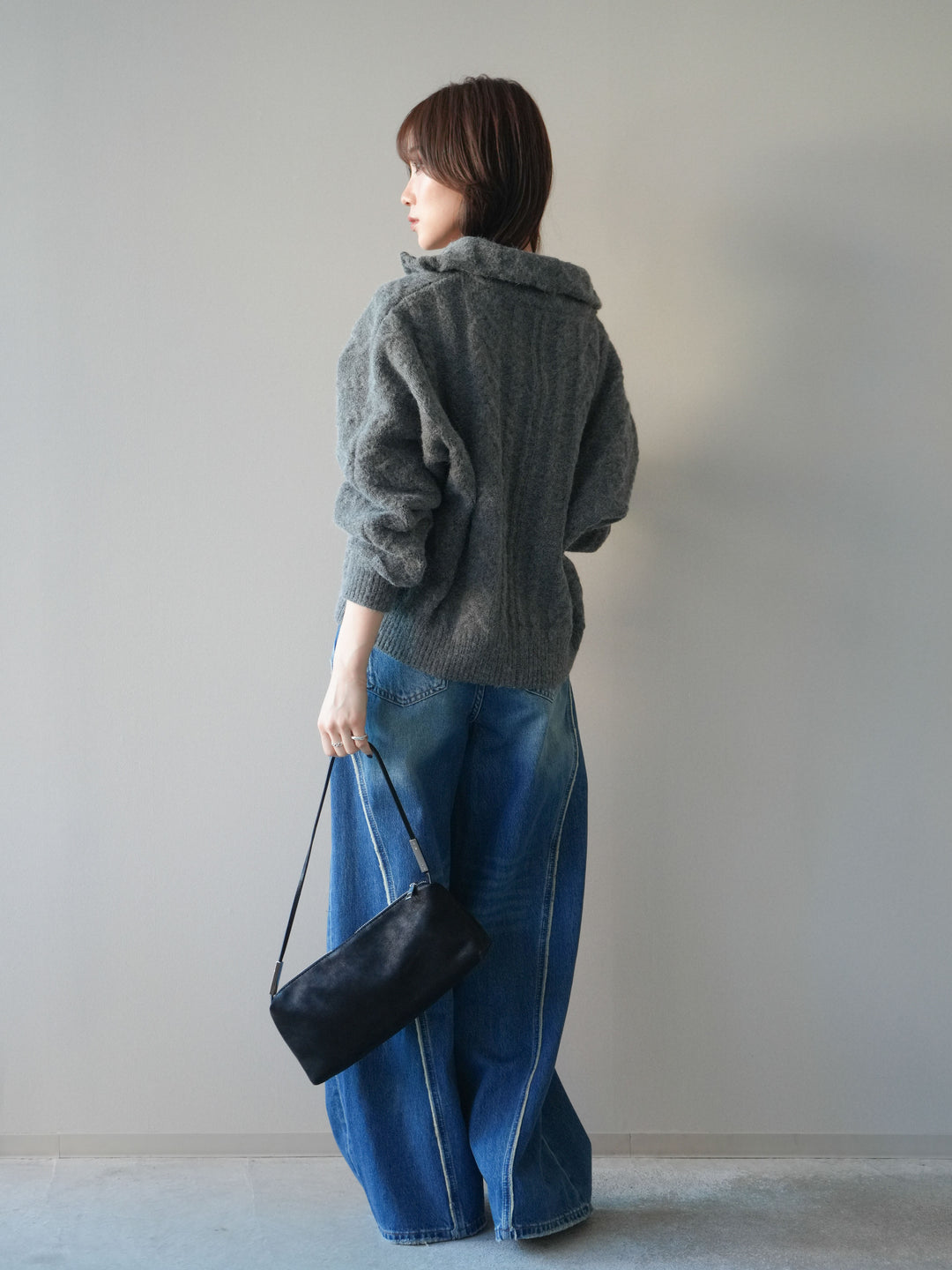 [SET]ケーブル編みハイネックZIPニットカーディガン+サイドフリンジワイドデニムパンツ(2set)