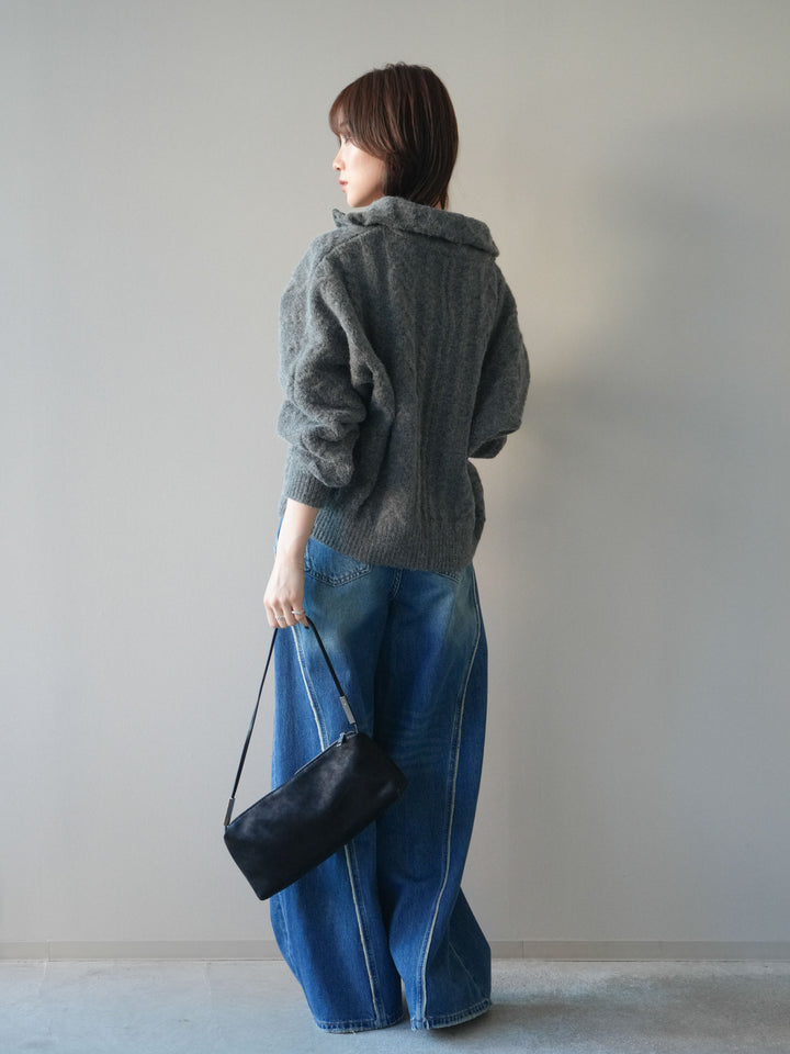 [SET]ケーブル編みハイネックZIPニットカーディガン+サイドフリンジワイドデニムパンツ(2set)