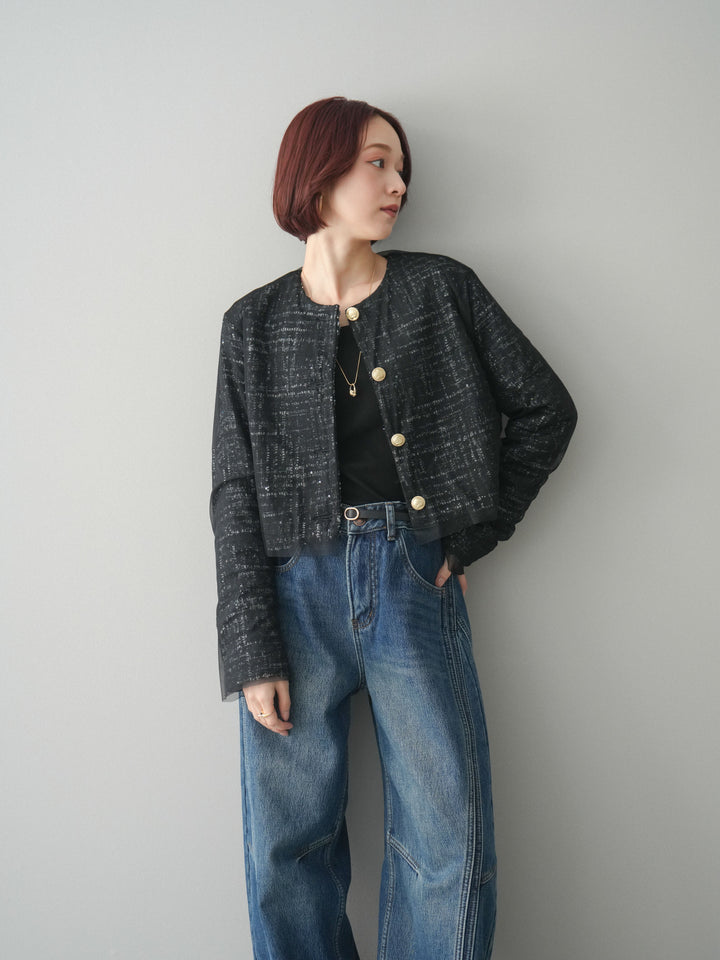 [予約]チュールレイヤードツイードクロップドジャケット/black