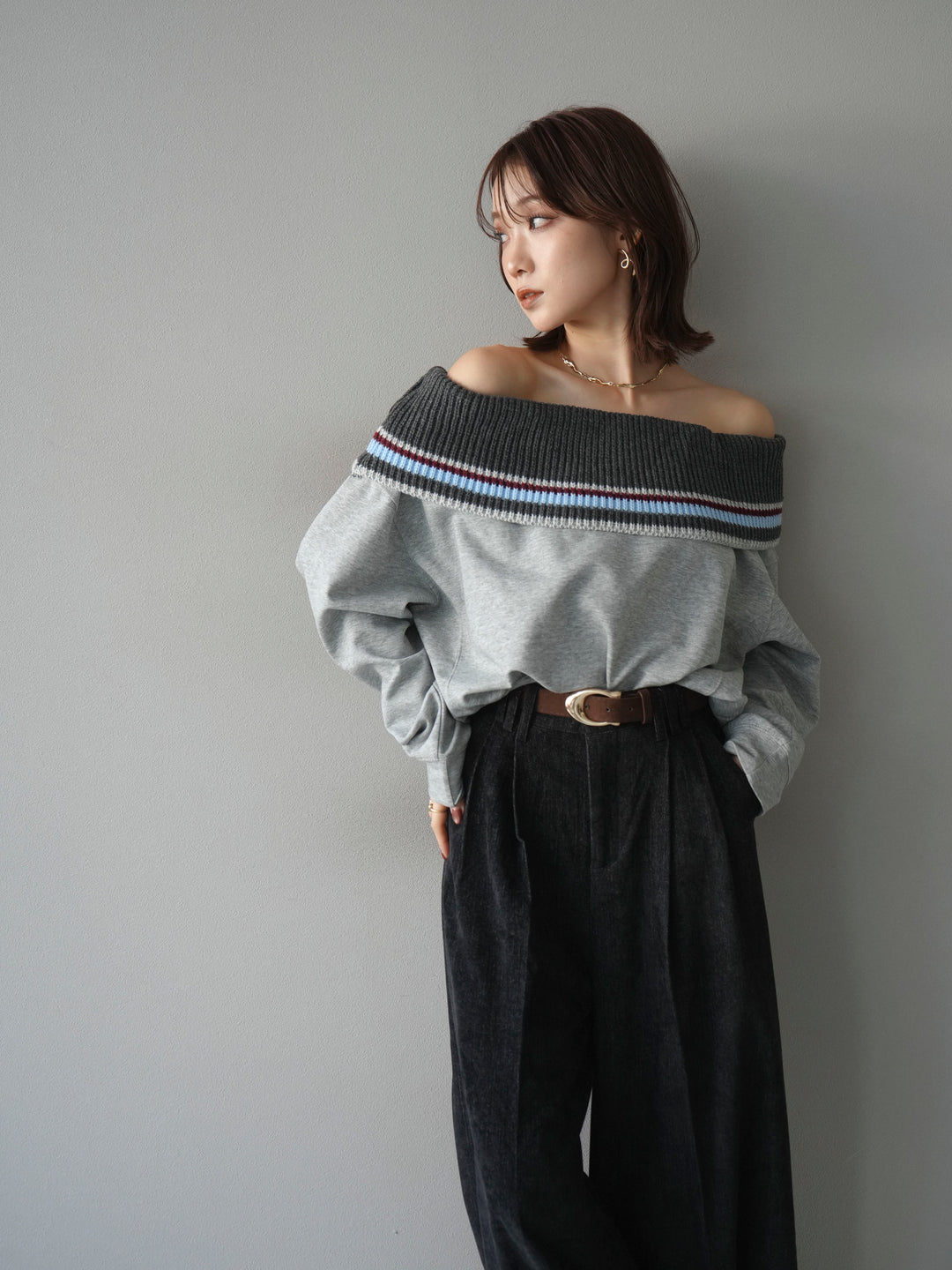 [予約]ボーダーニットオフショルダーxスウェットプルオーバー/gray