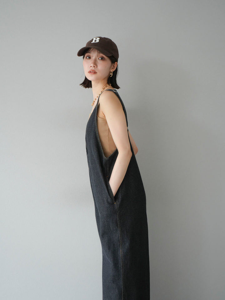 [予約]フロントZIP Vネックデニムサロペット/ブラック