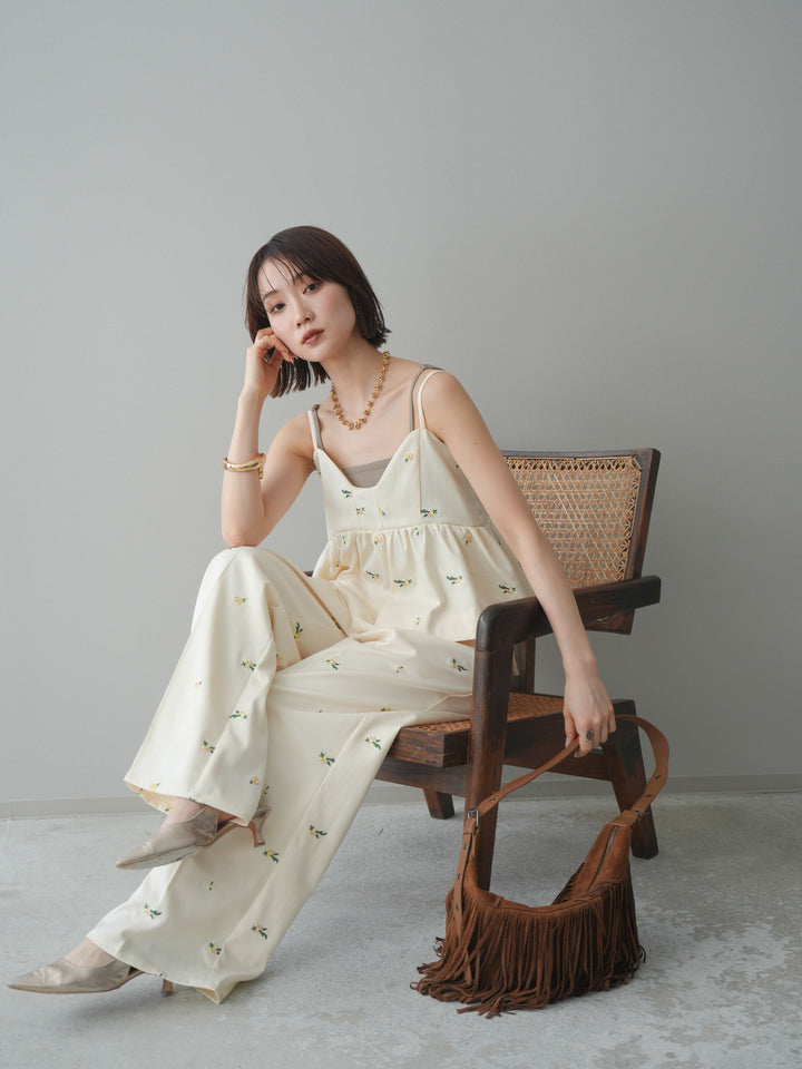 [SET]フラワー刺繍ビスチェ+フラワー刺繍タックパンツ(2set)