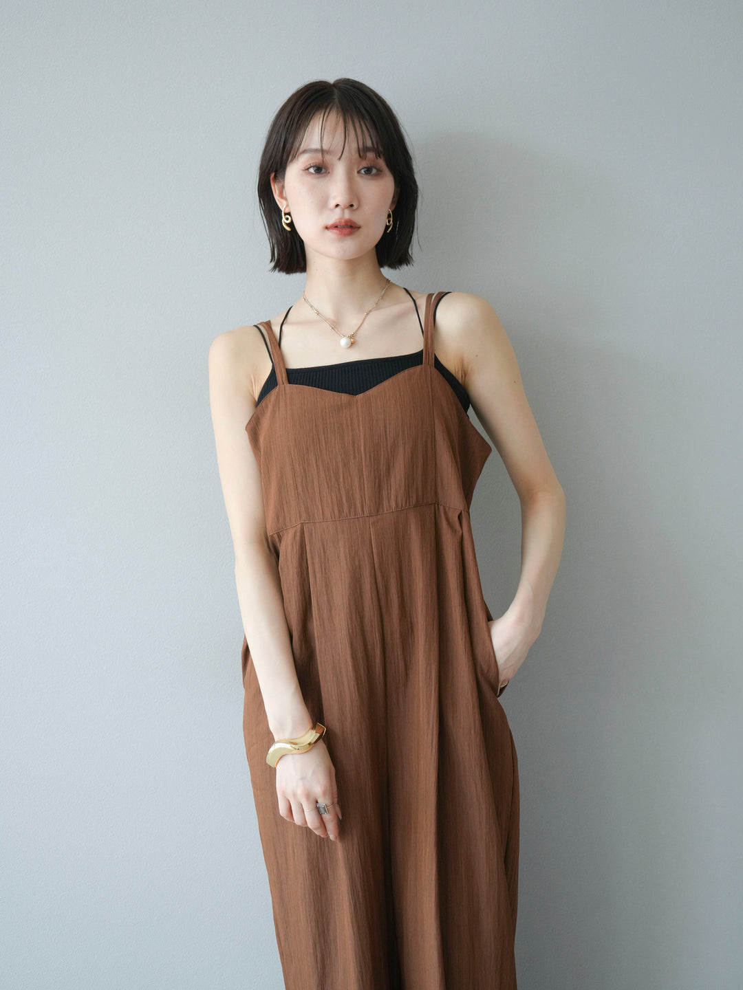 [SET]リネンライクビスチェデザインサロペット+ダブルストラップカットリブブラキャミソール(2set)