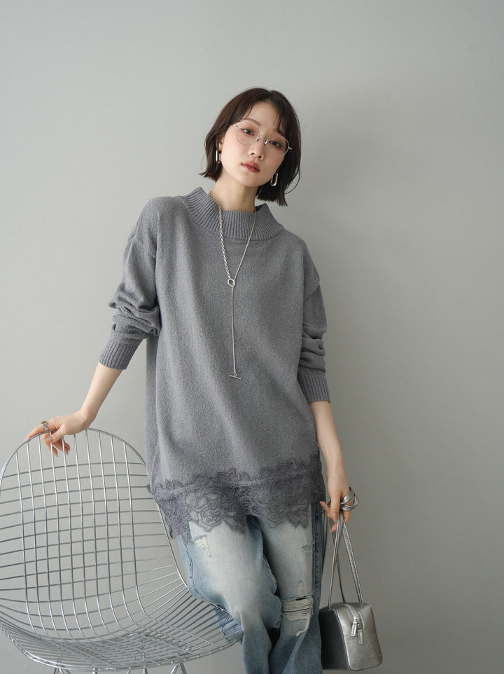 [SET]アシンメトリーレースヘムニットプルオーバー+ダメージデニムセミワイドパンツ(2set)