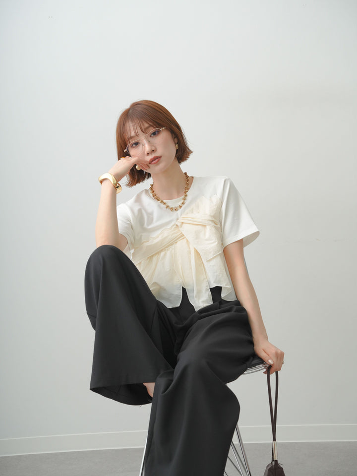[SET]ナイロンドッキングツイストTEE +アシンメトリーベルトタックワイドパンツ(2set)