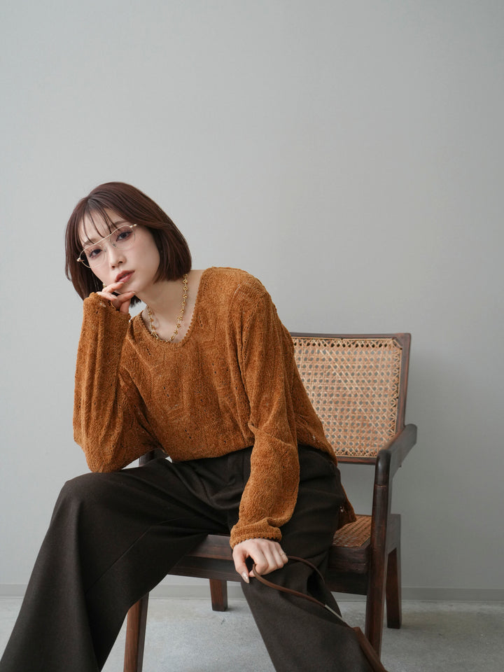 [予約]モール透かし編みニットトップス/camel