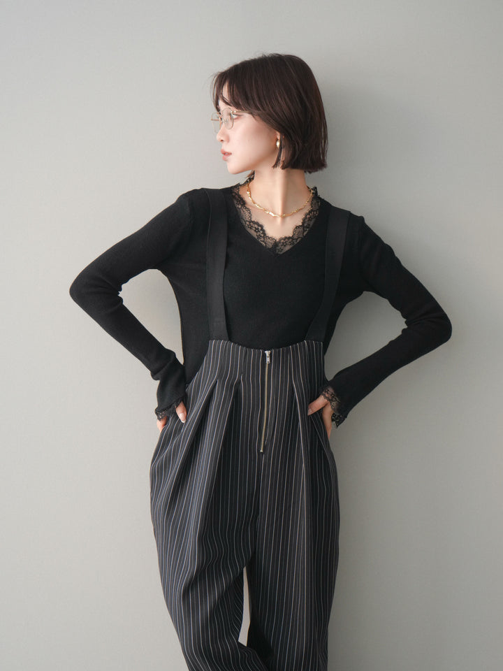 [SET]レースドッキングVネックニットトップス+レースドッキングVネックニットトップス(2set)