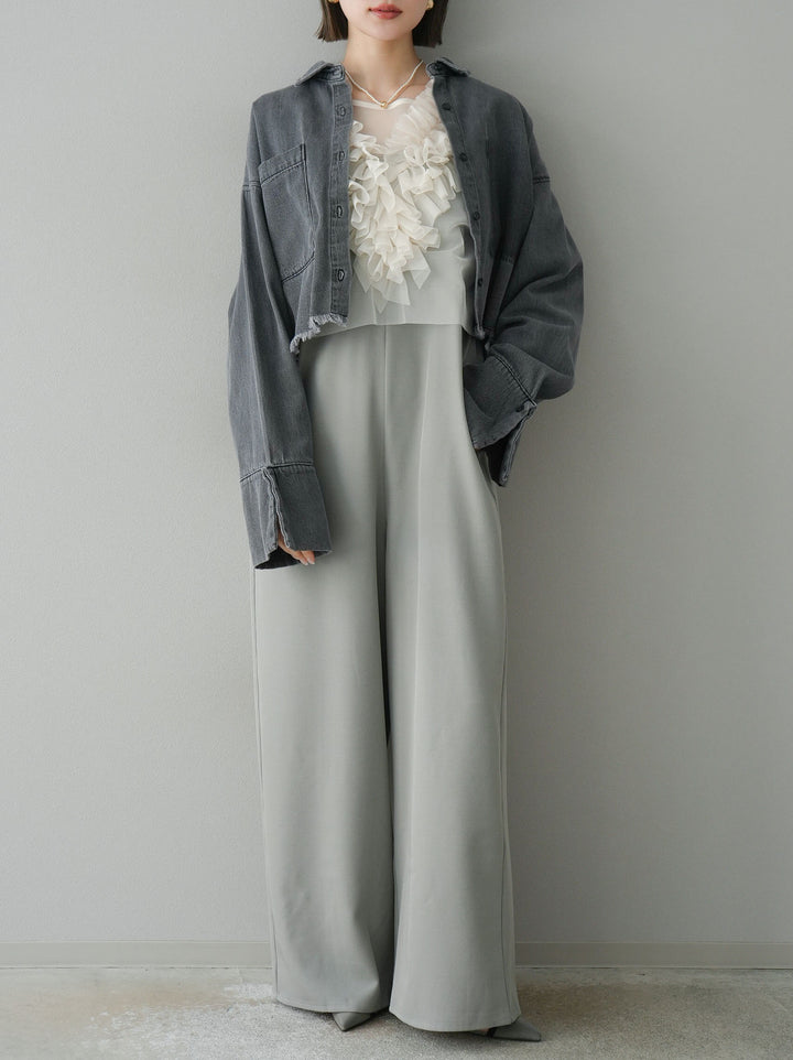 [預訂] 薄紗荷葉邊背心 x 連身套裝/灰色
