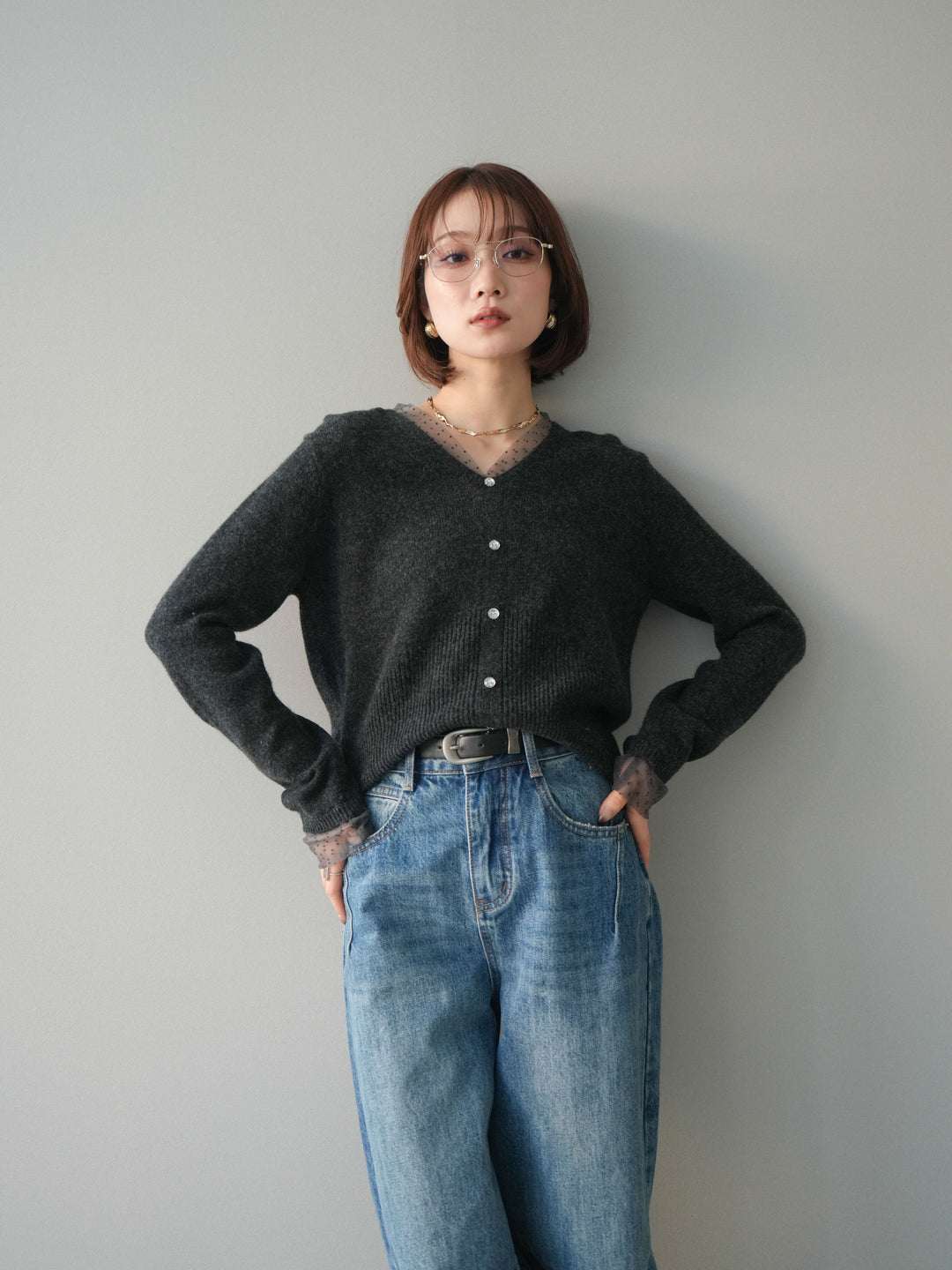 [SET]ドットチュールレイヤードボタンニットトップス+選べるアクセセット(2set)