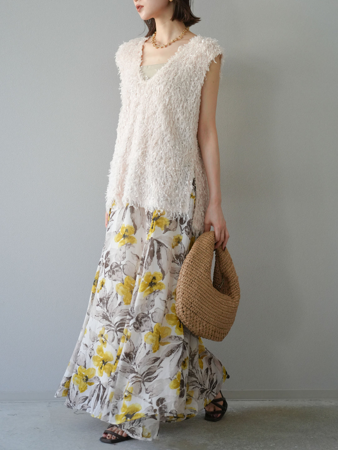 [予約]フラワープリントボリュームフレアスカート/イエロー