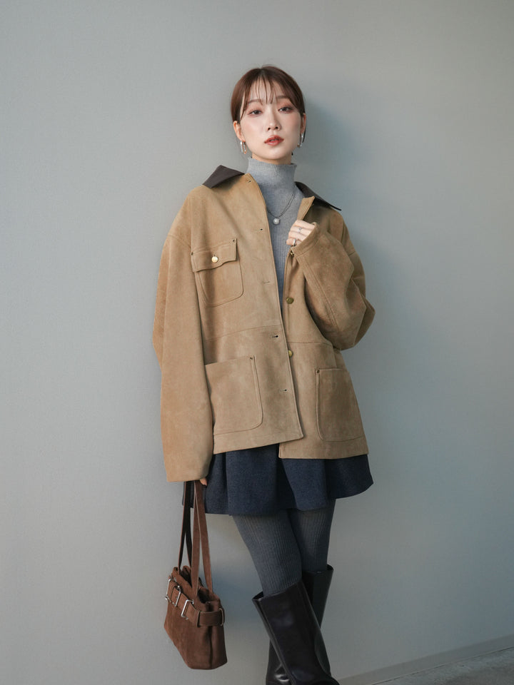 [SET]襟レザーステンカラースエードジャケット+選べるアクセセット(2set)
