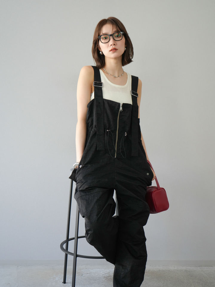 [予約]ナイロンタックデザインサロペット/ブラック