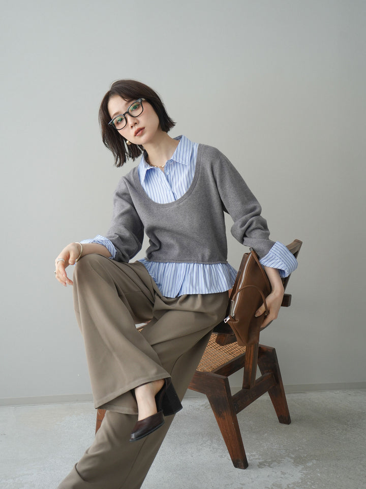 [予約]ストライプシャツUネックドッキングニットプルオーバー/graybluestripeA