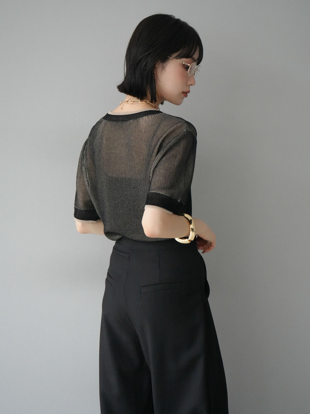 [SET]リネンタッチ配色二重臼ハーフニットトップス+ウエスト巻きデザインワイドパンツ(2set)