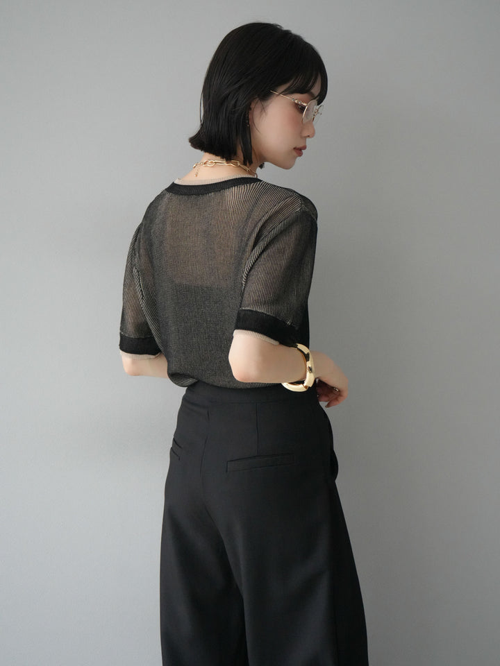 [SET]リネンタッチ配色二重臼ハーフニットトップス+ウエスト巻きデザインワイドパンツ(2set)