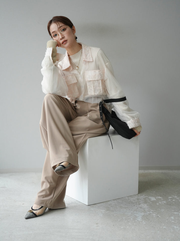 [予約]フリンジジャガード×チュールレイヤードシャツ/アイボリー