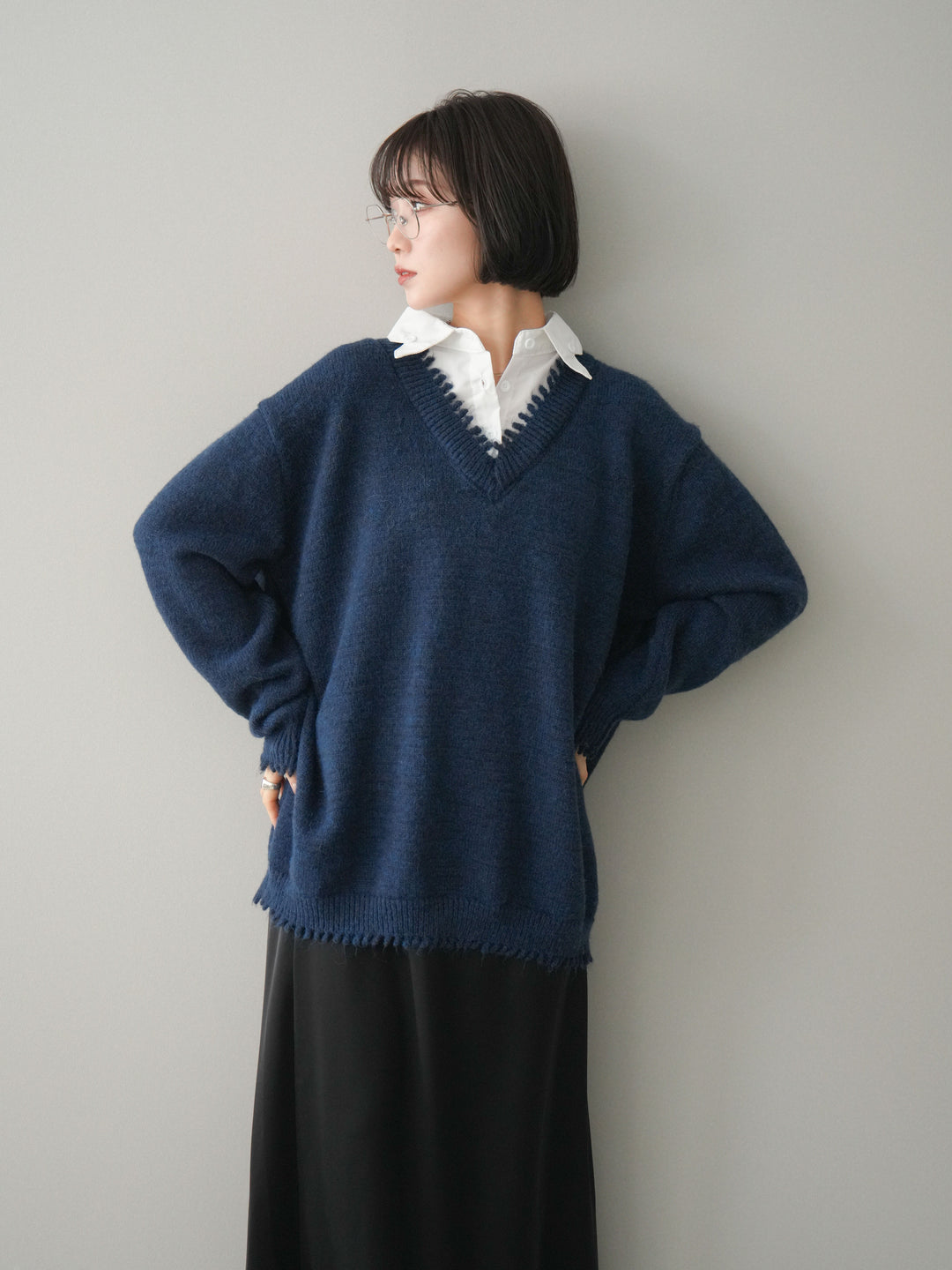 [予約]シャツドッキングVネックフリンジニットプルオーバー/navy