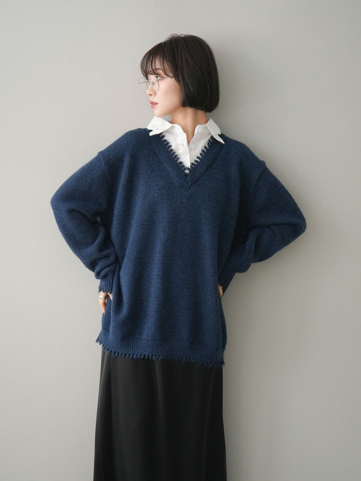 [予約]シャツドッキングVネックフリンジニットプルオーバー/navy