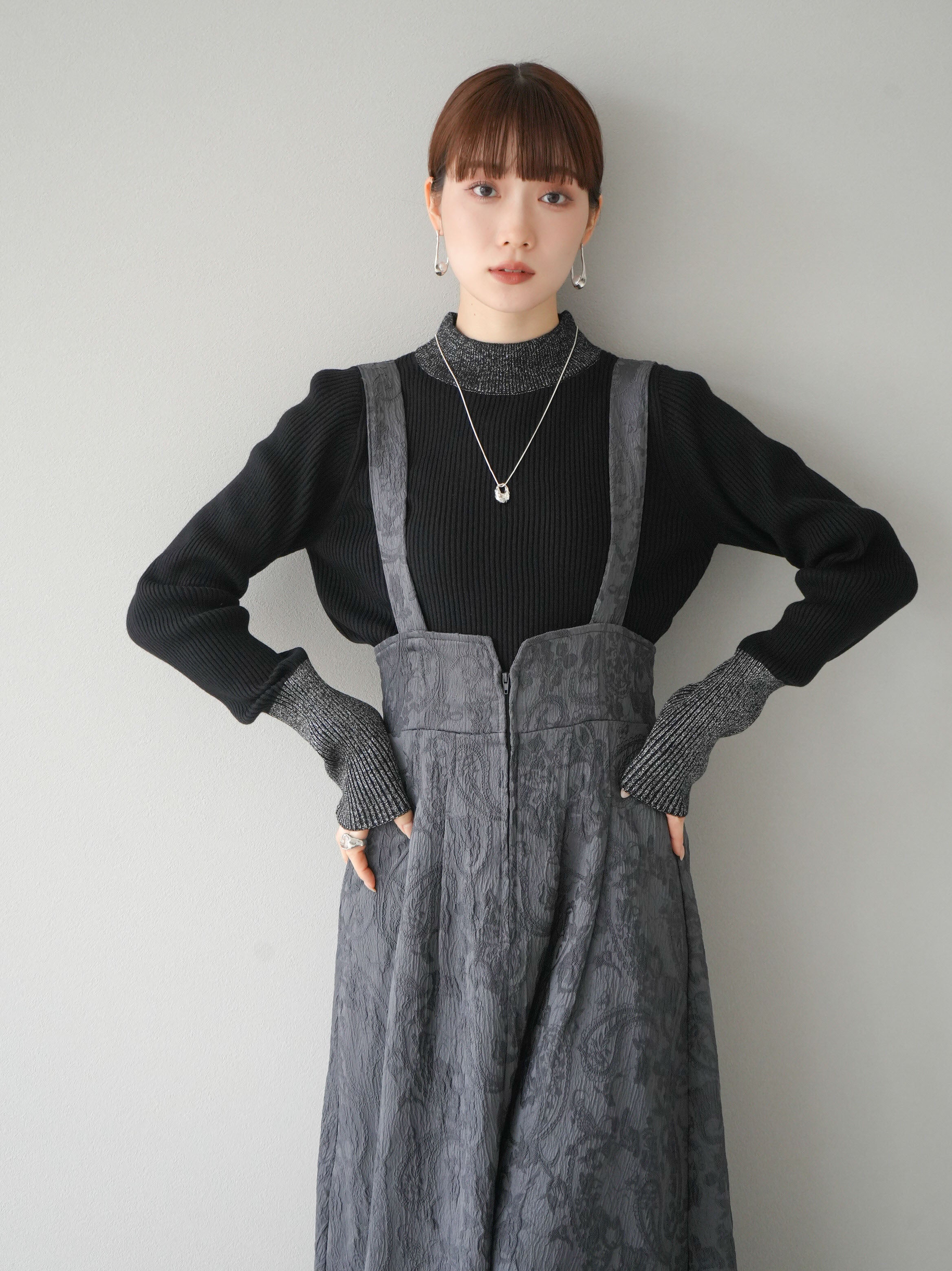 SET]ボトルネックラメ切替リブニットトップス+ボトルネックラメ切替