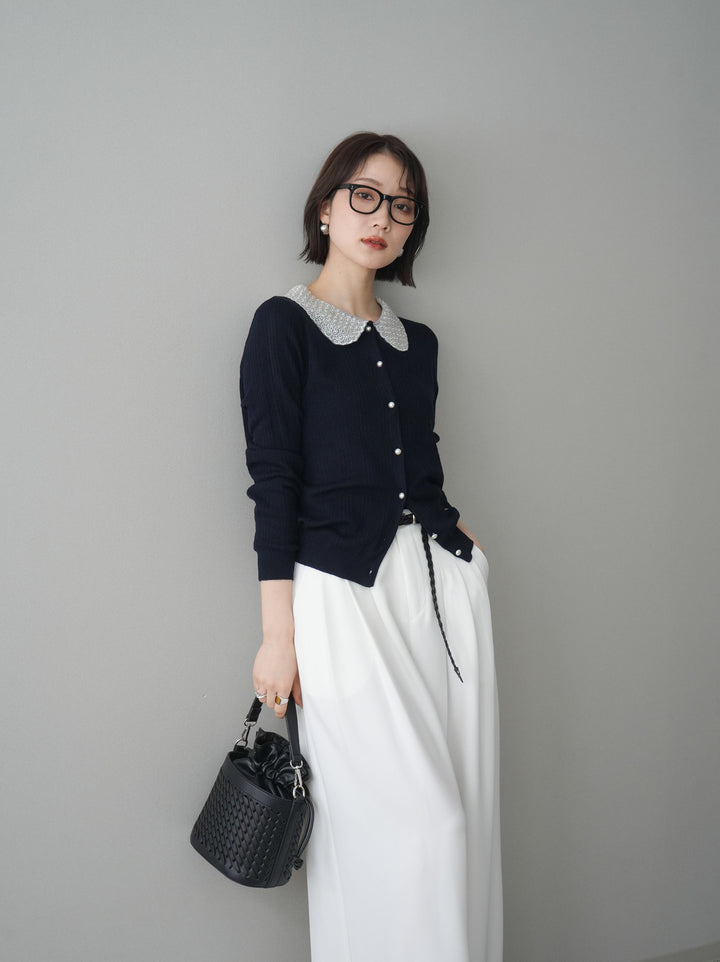 [SET]ビジュー襟パールボタンニットカーディガン+編み込みベルト付タックワイドパンツ(2set)