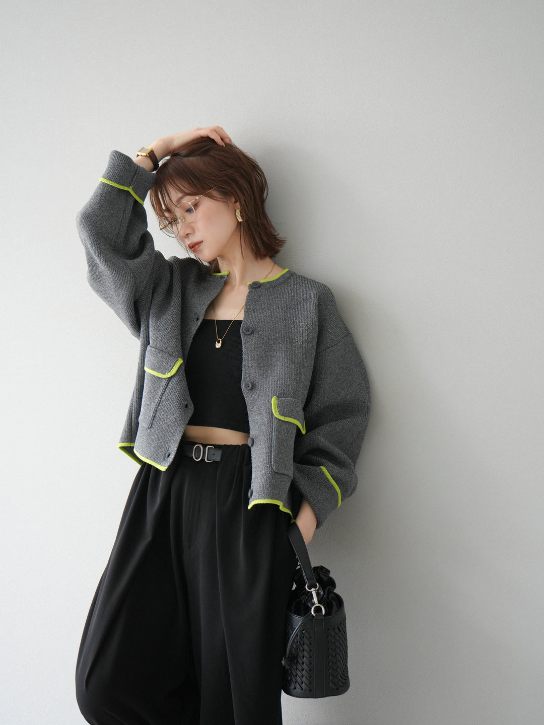 [予約]ポリエステル配色クルーネックカーディガン/チャコール