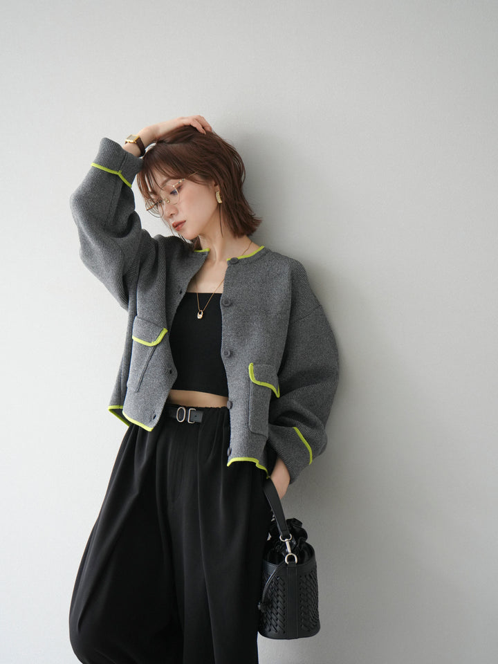 [予約]ポリエステル配色クルーネックカーディガン/チャコール