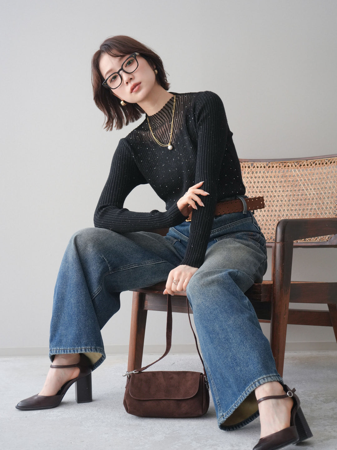 [予約]シアー切替スパンコールリブニットトップス/black