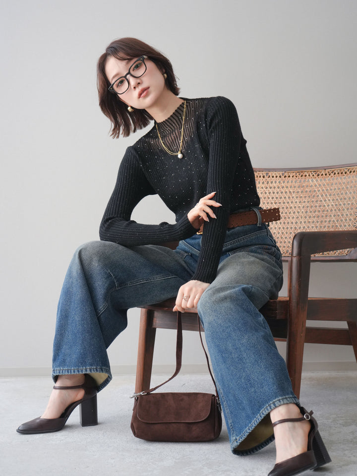 [予約]シアー切替スパンコールリブニットトップス/black