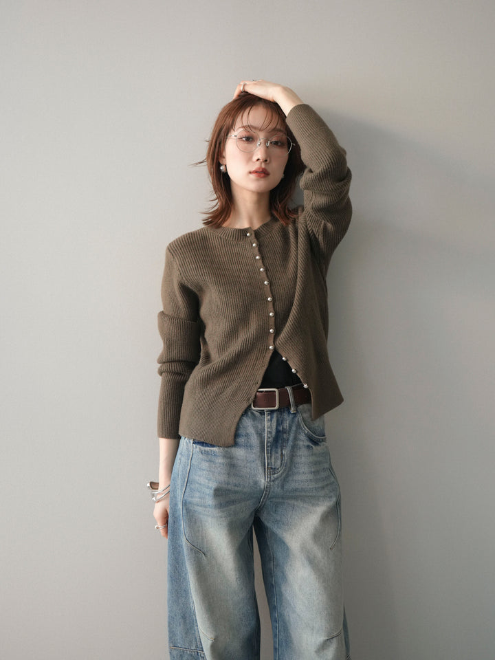 [SET]シルバーボタン畦編みニットカーディガン+ベルト付カーブデニムパンツ(2set)