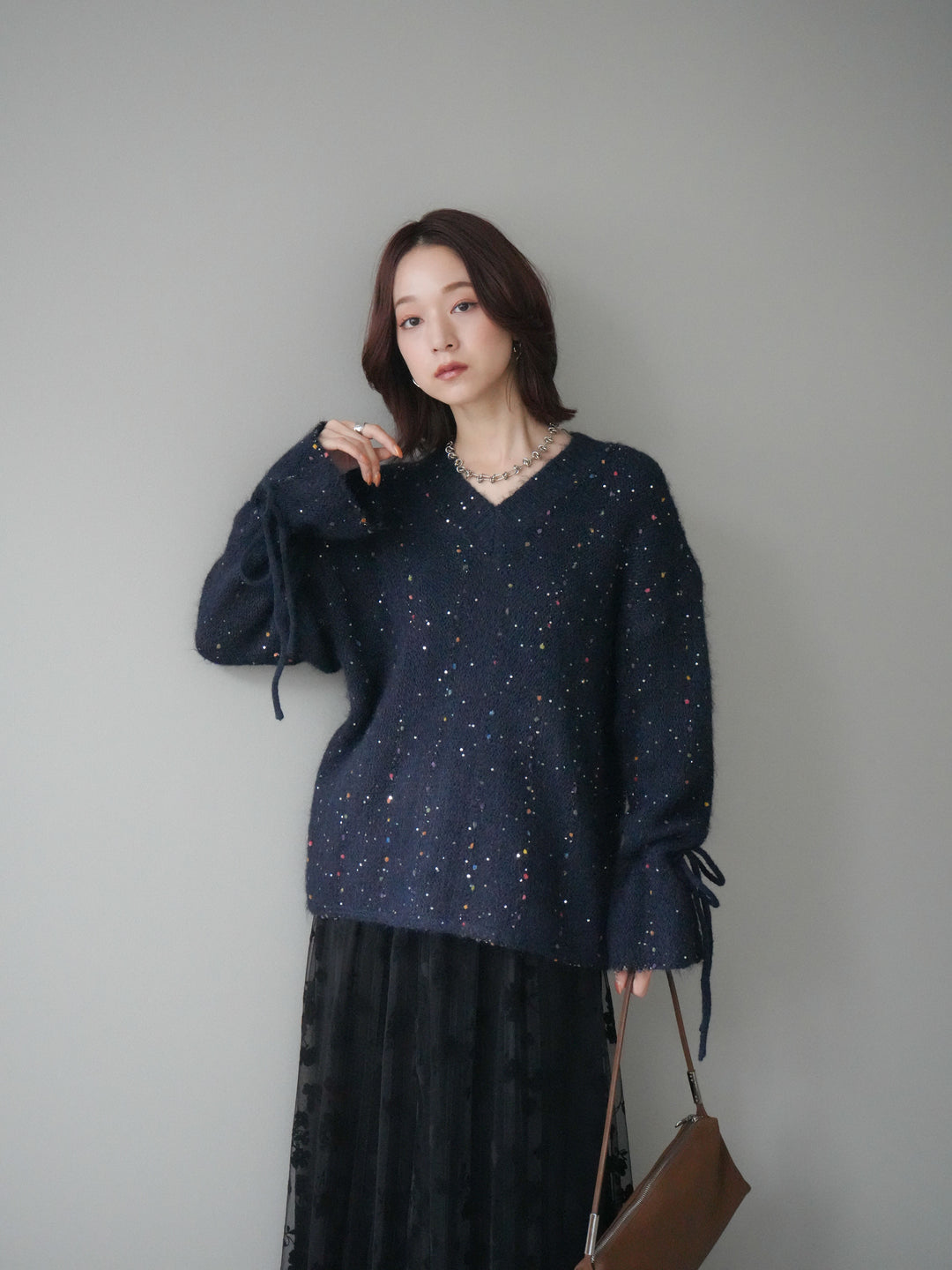 [SET]キャンディースリーブカラーネップスパンコールニットプルオーバー+フラワーフロッキーチュールプリーツスカート(2set)