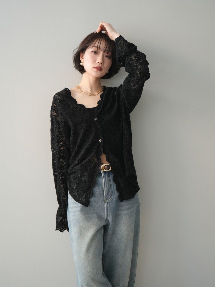 [SET]Vネックレースブラウス+裏起毛カットオフカーブデニムパンツ(2set)