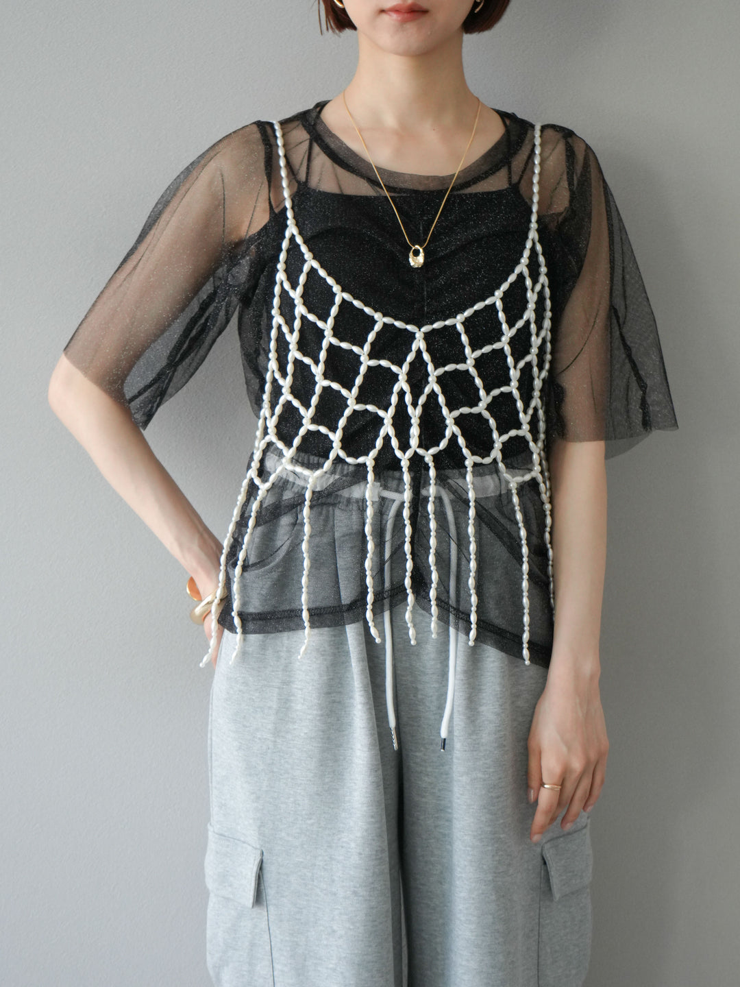 [SET]ラメチュールシャーリングプルオーバー+パールフリンジビスチェ(2set)