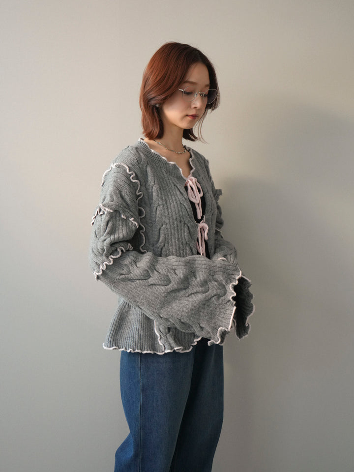 [SET]フロントリボン配色メローニットカーディガン+裏起毛裾フリンジワイドデニムパンツ(2set)