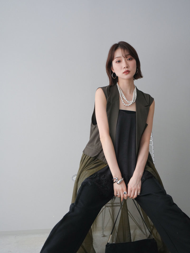 [SET]シアーレイヤードテーラードロングジレ+レーストリムキャミソール+2WAYデザインスウェットパンツ(3set)