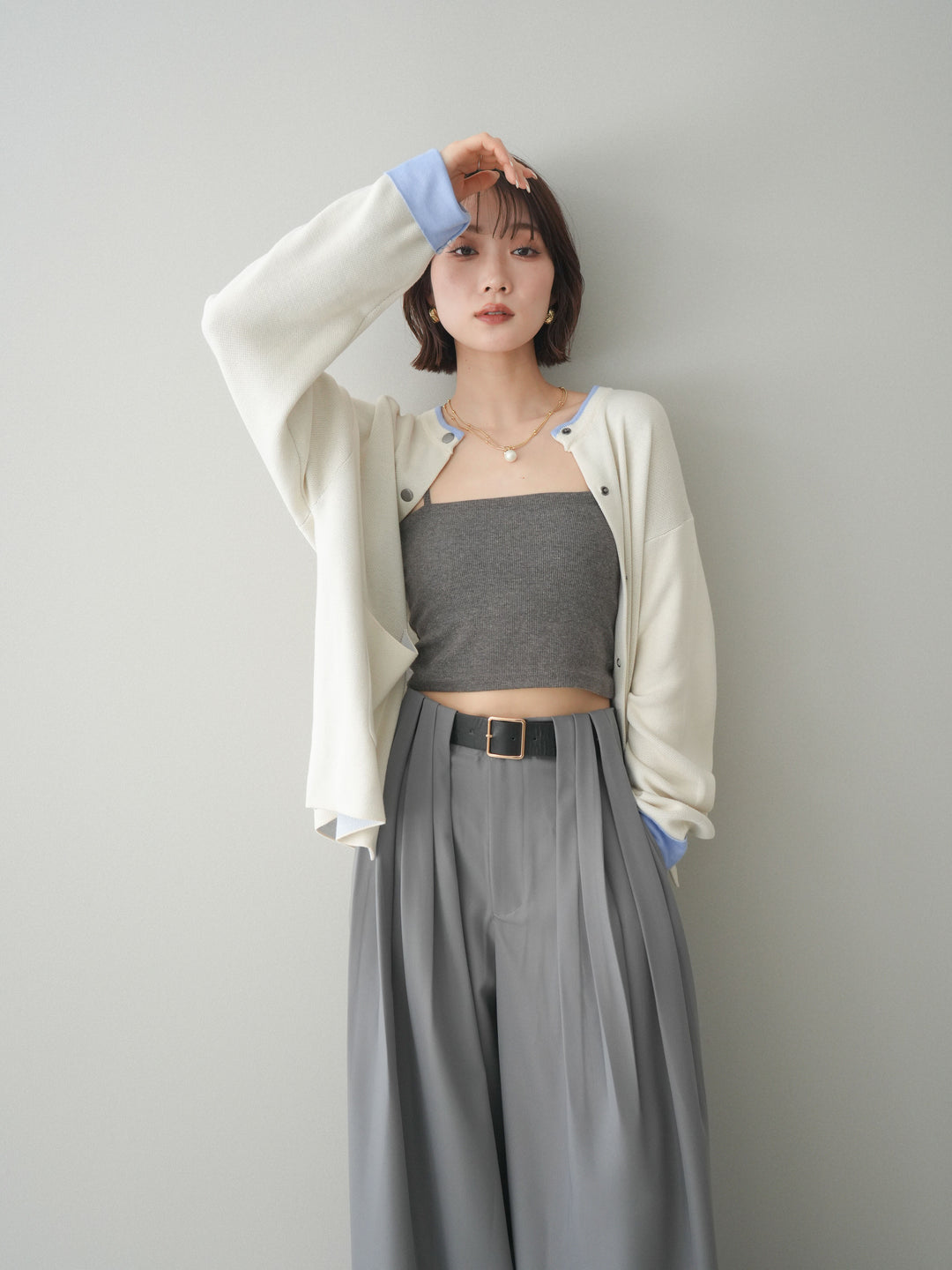 [SET]バイカラーオーバーニットカーディガン+タックベルトループワイドパンツ(2set)